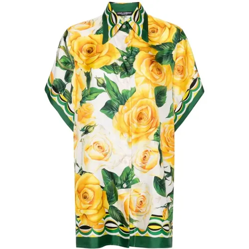 Rose Print Silk Shirt with Contrasting Trim , female, Sizes: S - Dolce & Gabbana - Modalova