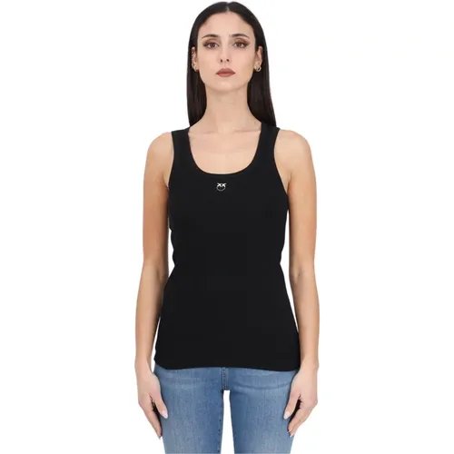 Women Fitted Ribbed Tank Top with Love Birds Embroidery , female, Sizes: S, L, M - pinko - Modalova
