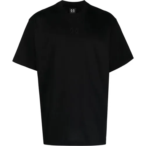 Schwarzes Baumwoll-T-Shirt mit Logo-Stickerei und Grafikdruck - 44 Label Group - Modalova