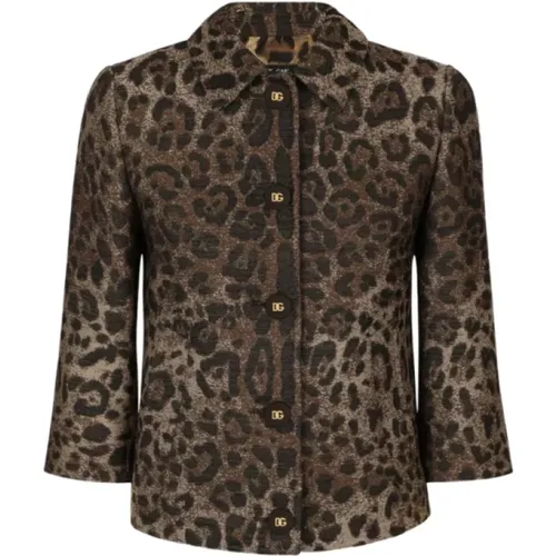 Leopard Jacquard Wool Short Jacket , female, Sizes: M - Dolce & Gabbana - Modalova