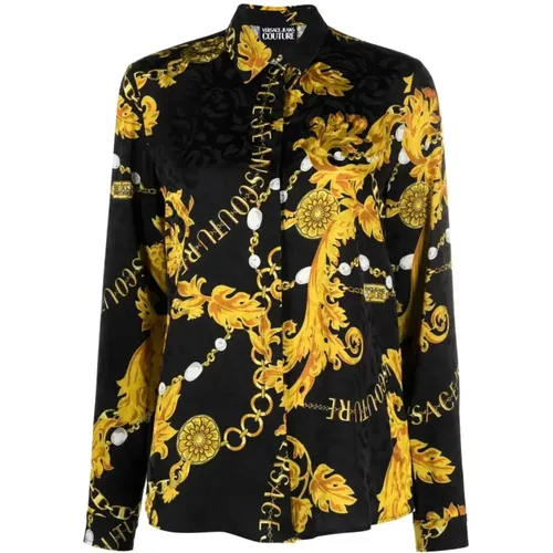 Bluse mit Blumenkette schwarz gold , Damen, Größe: 2XS - Versace Jeans Couture - Modalova