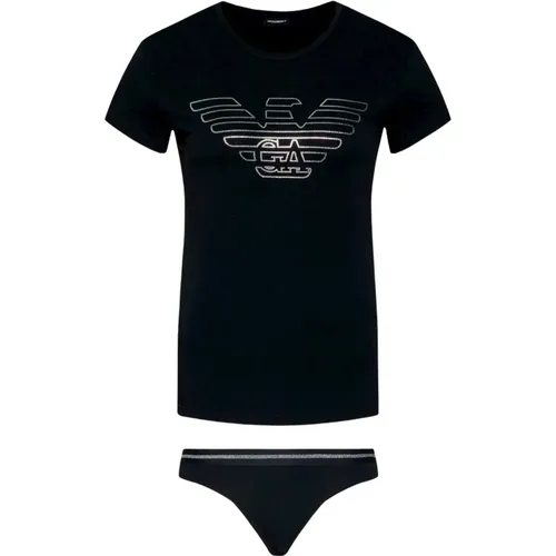 Koordiniertes Shirt- und Slip-Set mit Paillettenadler , Damen, Größe: S - Emporio Armani - Modalova