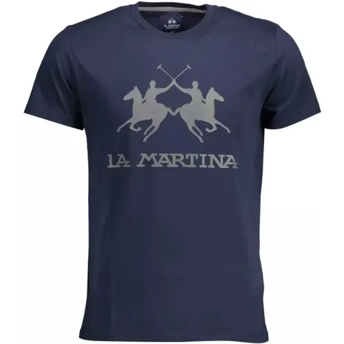 Blaues Baumwoll T-Shirt, Kurzarm, Regular Fit, Rundhals, Druck, Logo , Herren, Größe: M - LA MARTINA - Modalova