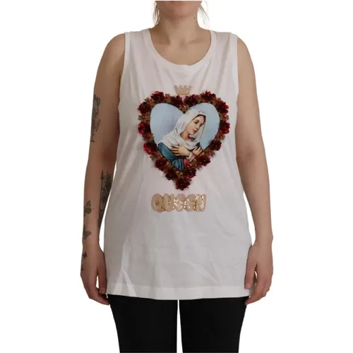 Elegant White Embellished Sleeveless Tee , female, Sizes: L - Dolce & Gabbana - Modalova