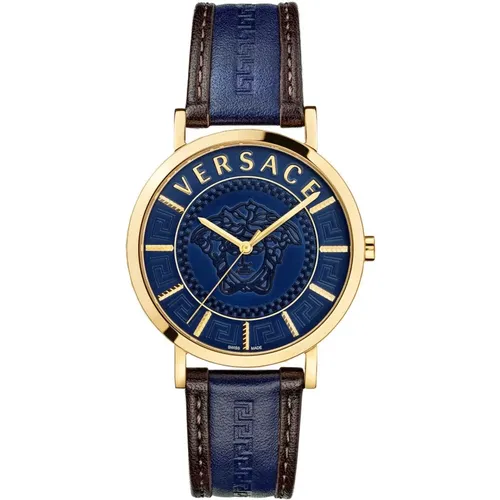 Blue Leather Strap Quartz Watch , male, Sizes: ONE SIZE - Versace - Modalova
