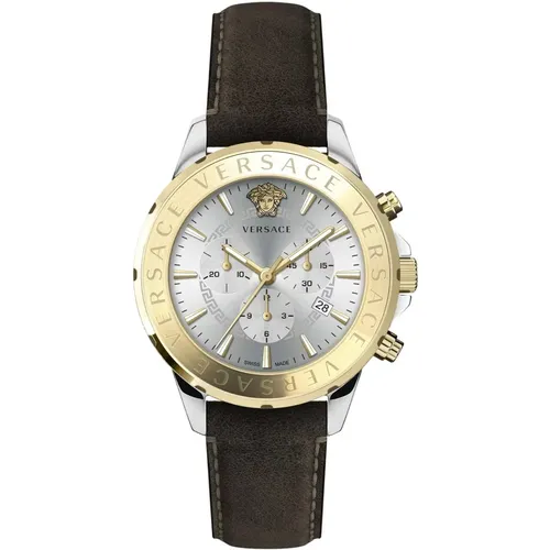 Chrono Signature Leder Silber Gold Uhr , Herren, Größe: ONE Size - Versace - Modalova