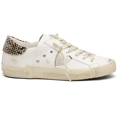 Weiße Ledersneakers mit Python-Details , Damen, Größe: 37 EU - Philippe Model - Modalova