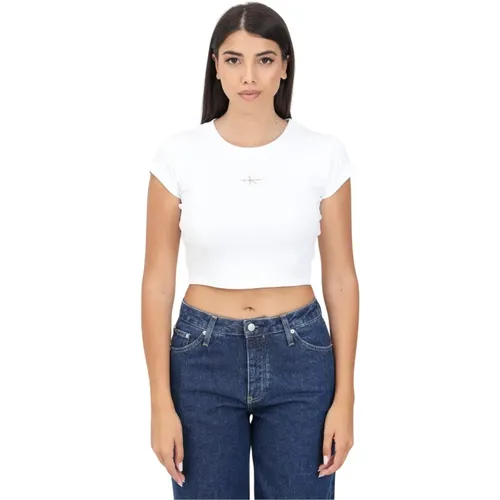 Weißes Geripptes Baumwoll-T-Shirt mit Logo-Patch , Damen, Größe: S - Calvin Klein Jeans - Modalova