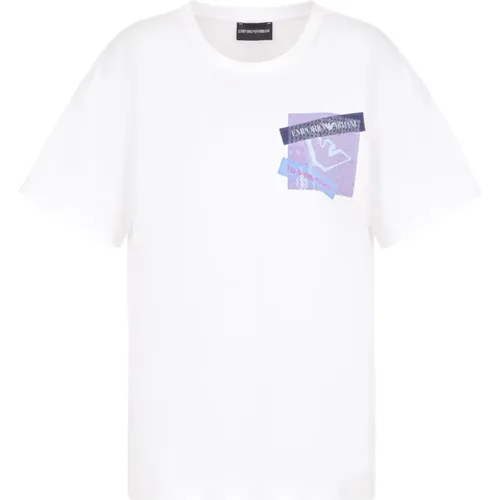 Weiße T-Shirts und Polos mit Pailletten-Logo-Druck - Emporio Armani - Modalova