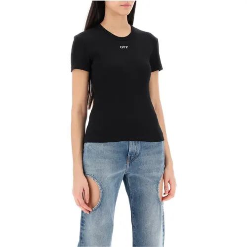 Geripptes T-Shirt mit Off-Stickerei , Damen, Größe: S - Off White - Modalova