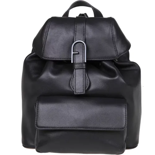 Schwarze Lederschultertasche mit Vordertasche , Damen, Größe: ONE Size - Furla - Modalova