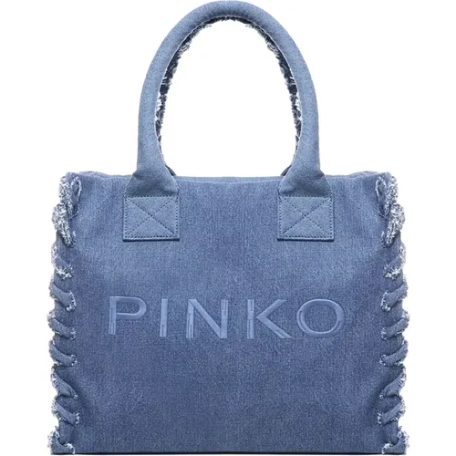 Denim Strand Shopper Tasche mit Fransenprofilen , Damen, Größe: ONE Size - pinko - Modalova