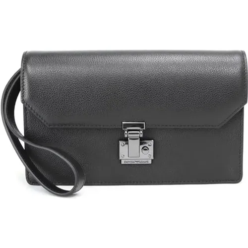 Schwarze Lederhandtasche mit Metallverschluss - Emporio Armani - Modalova