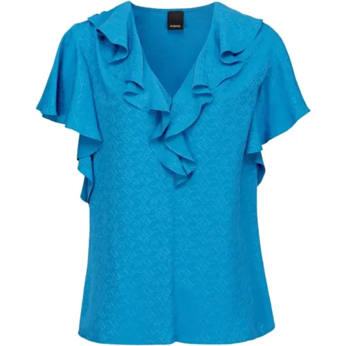 Blaue Jacquard Logo Bluse mit Rüschen - pinko - Modalova