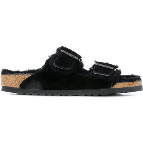 Shearling Schwarze Sandalen mit Logo , Damen, Größe: 38 EU - Birkenstock - Modalova