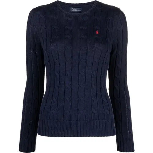 Blauer Cable-Knit Pullover mit Polo Pony Motiv , Damen, Größe: L - Polo Ralph Lauren - Modalova