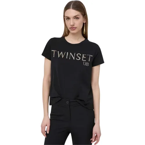 Schwarzes Strick T-Shirt mit Applikation , Damen, Größe: S - Twinset - Modalova