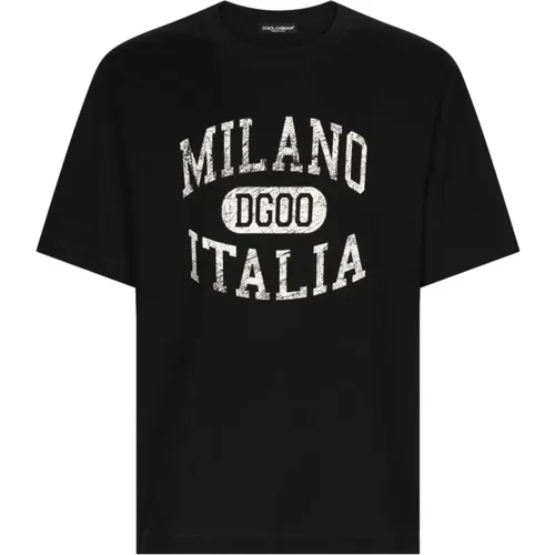 Schwarzes Baumwoll-T-Shirt mit weißer Schrift , Herren, Größe: 3XL - Dolce & Gabbana - Modalova