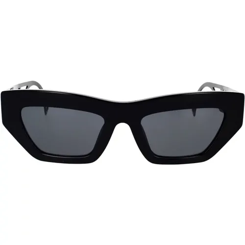 Sonnenbrille mit unregelmäßiger Form, dunkelgrauer Linse und schwarzem Rahmen - Versace - Modalova