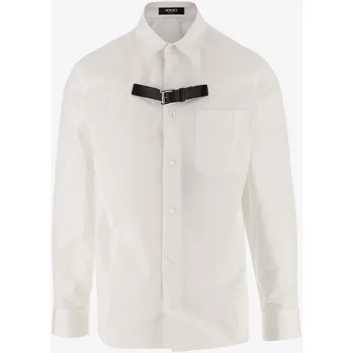 Cotton Poplin Shirt with Leather Strap Detail , male, Sizes: L, M - Versace - Modalova