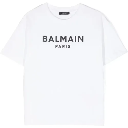 Logo Print Crew Neck T-shirt,Weiße Baumwoll-Logo-T-Shirt - Balmain - Modalova
