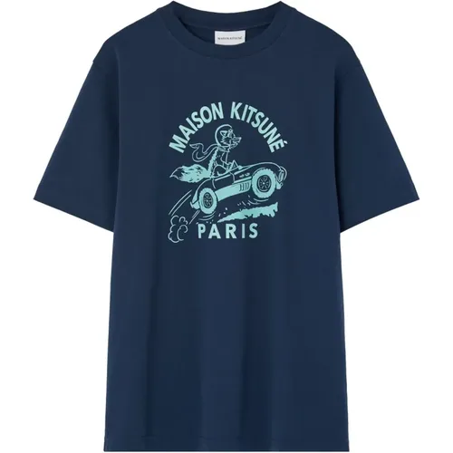 Marineblau Bedrucktes Hemd , Herren, Größe: XL - Maison Kitsuné - Modalova