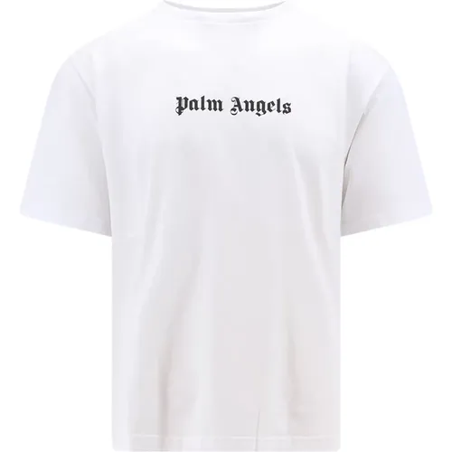 Weißes geripptes Crew-neck T-Shirt,Weiße Baumwoll-T-Shirt - Palm Angels - Modalova