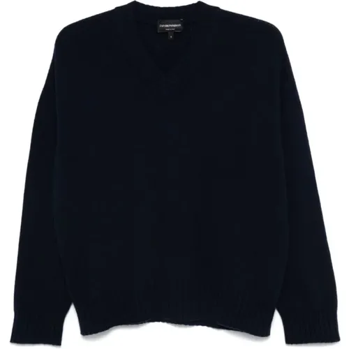 Blauer Pullover Feinstrick V-Ausschnitt - Emporio Armani - Modalova