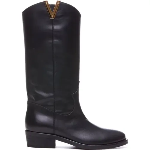 Schwarze Westernstiefel mit Goldener V-Detail , Damen, Größe: 36 EU - Via Roma 15 - Modalova