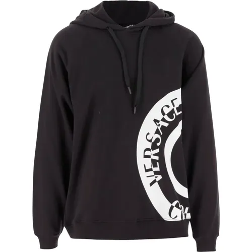 Logo Baumwoll-Sweatshirt Hoodie Schwarz Weiß - Versace Jeans Couture - Modalova