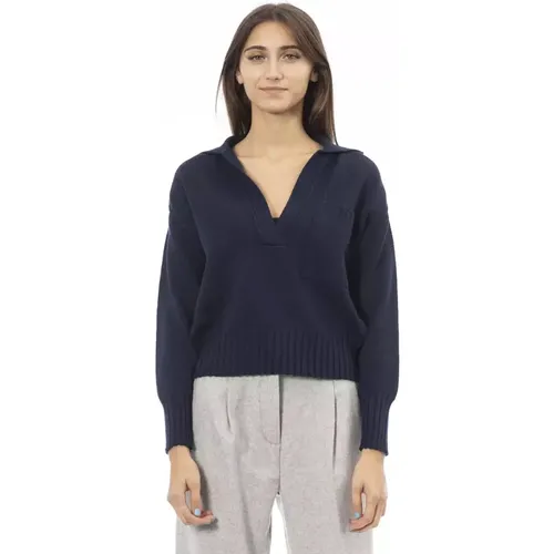 Blauer Woll V-Ausschnitt Pullover mit Vordertasche , Damen, Größe: L - Alpha Studio - Modalova