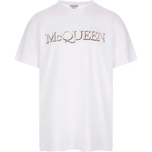 Weißes Baumwoll-T-Shirt mit gestickter Signatur - alexander mcqueen - Modalova