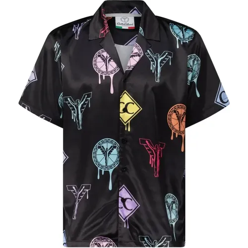 Satin-look shirt with logo prints , male, Sizes: 3XL, M, XL, 2XL, L - carlo colucci - Modalova