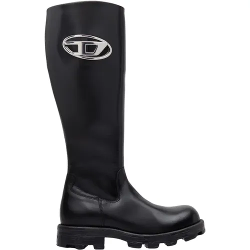 Glänzende Lederstiefel mit Logo-Plakette - Diesel - Modalova