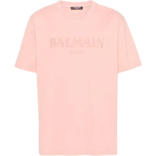 Lachsrosa Logo Besticktes Jersey Tee , Herren, Größe: S - Balmain - Modalova