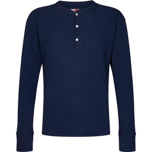 Blau Baumwoll Henley Kragen T-shirt , Herren, Größe: L - Fortela - Modalova