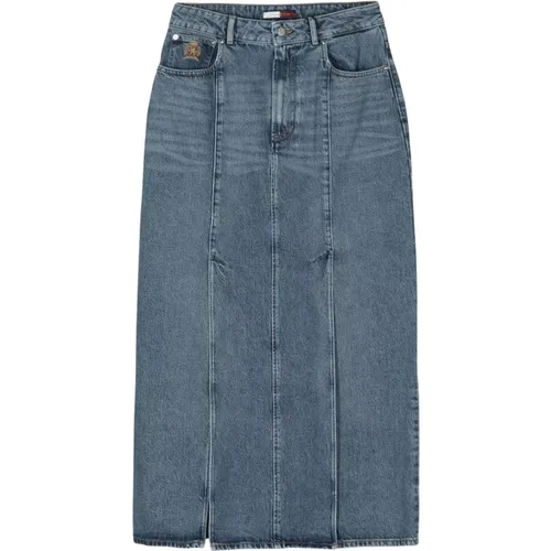 Blaue Plissierte Midi Denimrock , Damen, Größe: 4XS - Tommy Hilfiger - Modalova