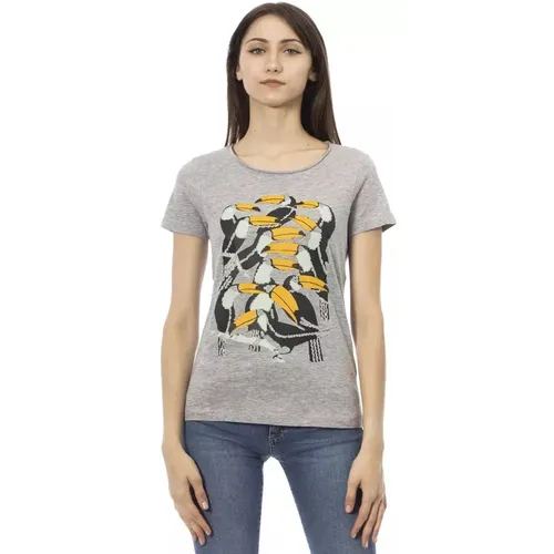 Graues Baumwoll-T-Shirt mit Kurzen Ärmeln und Frontdruck , Damen, Größe: XS - Trussardi - Modalova