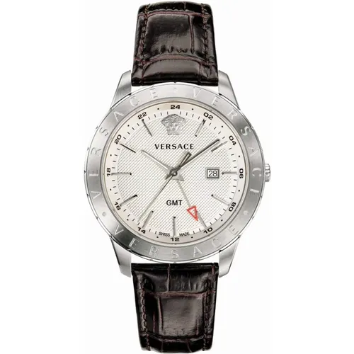 Braun Leder Silber Stahl GMT Uhr , Herren, Größe: ONE Size - Versace - Modalova