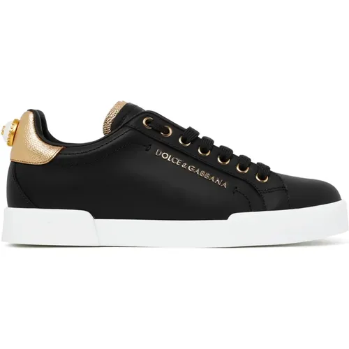 Schwarze und Goldene Portofino Low Top Sneakers , Damen, Größe: 39 1/2 EU - Dolce & Gabbana - Modalova