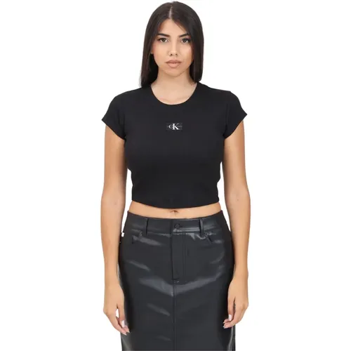 Schwarzes Geripptes Baumwoll-Logo-T-Shirt , Damen, Größe: M - Calvin Klein Jeans - Modalova