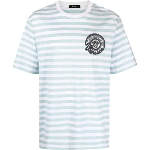 Gestreiftes Jersey-Stoff T-Shirt mit Besticktem Nautischem Emblem - Versace - Modalova