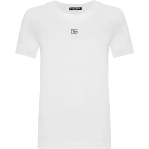 Kristall Logo Baumwoll T-shirt Rundhals , Damen, Größe: XL - Dolce & Gabbana - Modalova