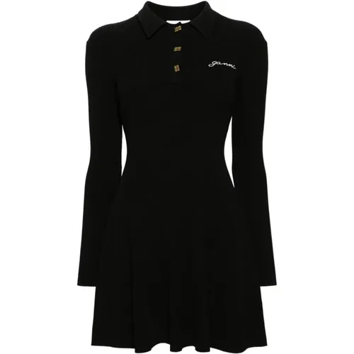 Schwarzes Geripptes Strickkleid mit Logo,Schwarzes Logo Mini Kleid - Ganni - Modalova