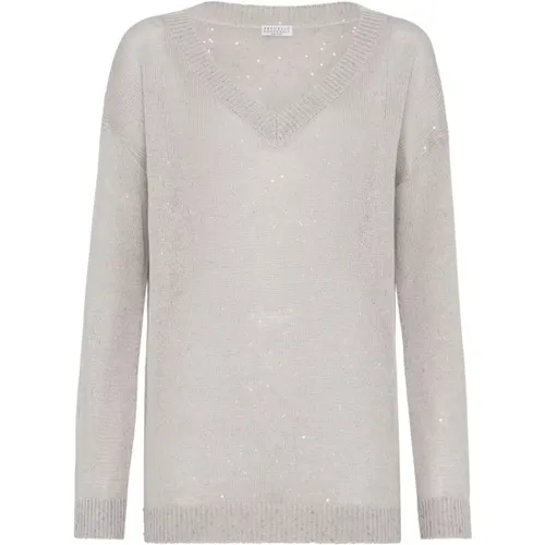Linen Blend V-Neck Sweater , female, Sizes: M - BRUNELLO CUCINELLI - Modalova