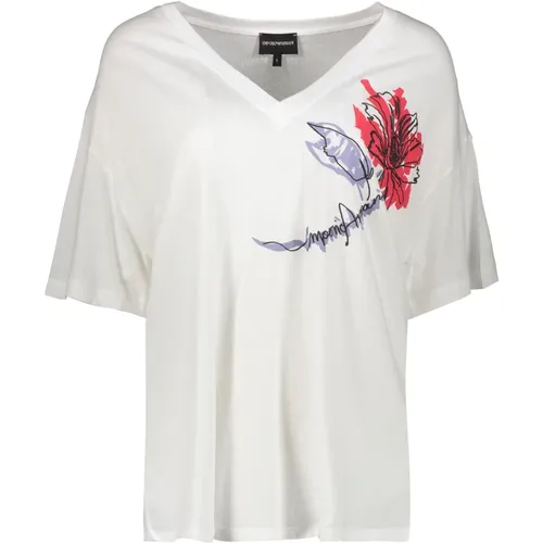 Blumiges Print T-Shirt mit Logo hinten , Damen, Größe: L - Emporio Armani - Modalova