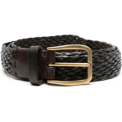 Dark Woven Leather Belt with Adjustable Gold Buckle , male, Sizes: 95 CM - BRUNELLO CUCINELLI - Modalova