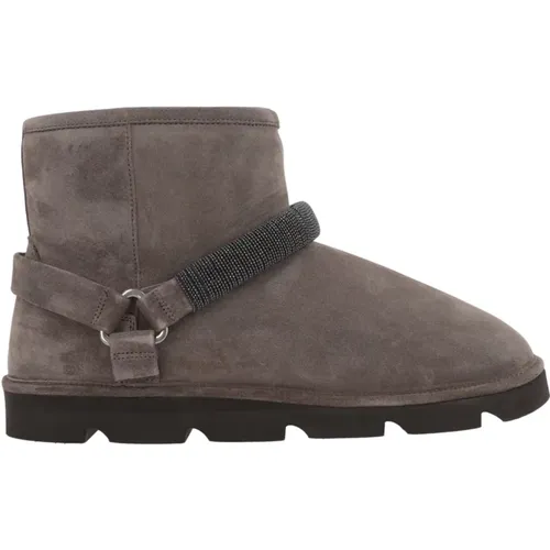 Suede Shearling Boots with Embroidered Strap , female, Sizes: 4 UK, 7 UK, 5 1/2 UK, 5 UK, 6 UK, 3 UK - BRUNELLO CUCINELLI - Modalova