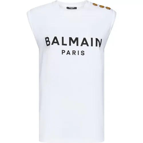 Stilvolles Weißes Ärmelloses T-Shirt , Damen, Größe: M - Balmain - Modalova