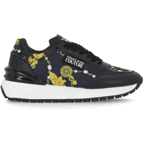 Schwarze Ledersneakers mit Barockmuster , Damen, Größe: 39 EU - Versace Jeans Couture - Modalova